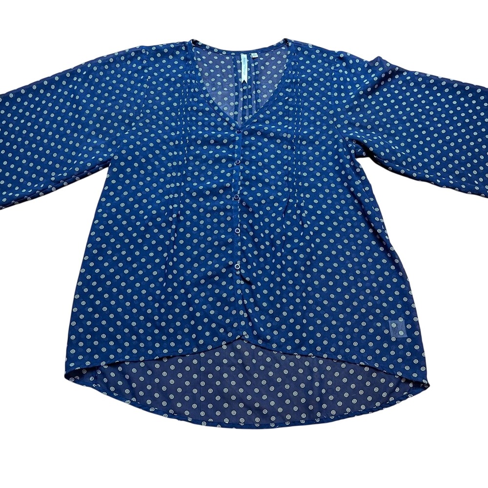 Petticoat Vintage Navy Blue Button Down High Low Blouse XS Sheer Geometric Print